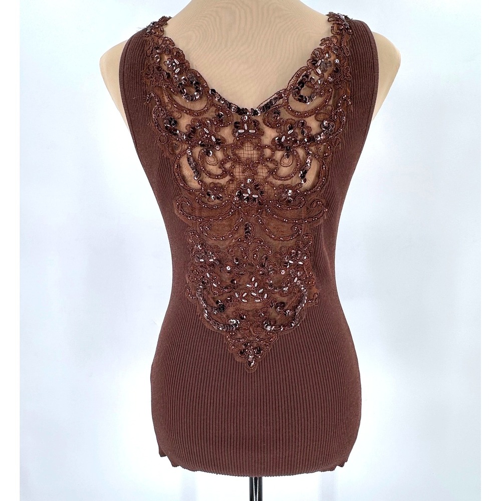 Cache Brown Ribbed Lace Sequin Beaded Sleeveless Tank Top Large 20227 - Picture 2 of 15